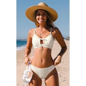 White Textured Palm Leaf Jacquard Lace Up Triangle Bikini Top Medium